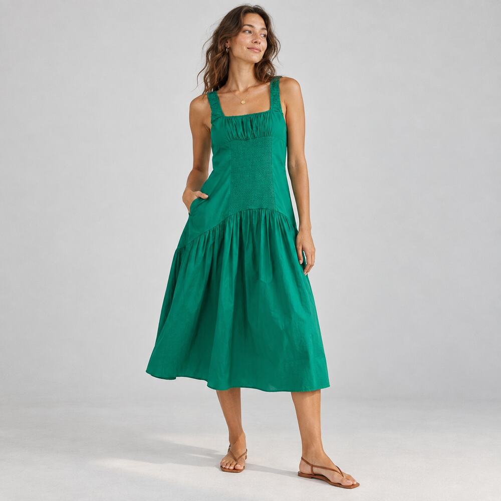 Anthropologie Celandine Smocked Open-Back Midi Dress in Emerald Green M NWT